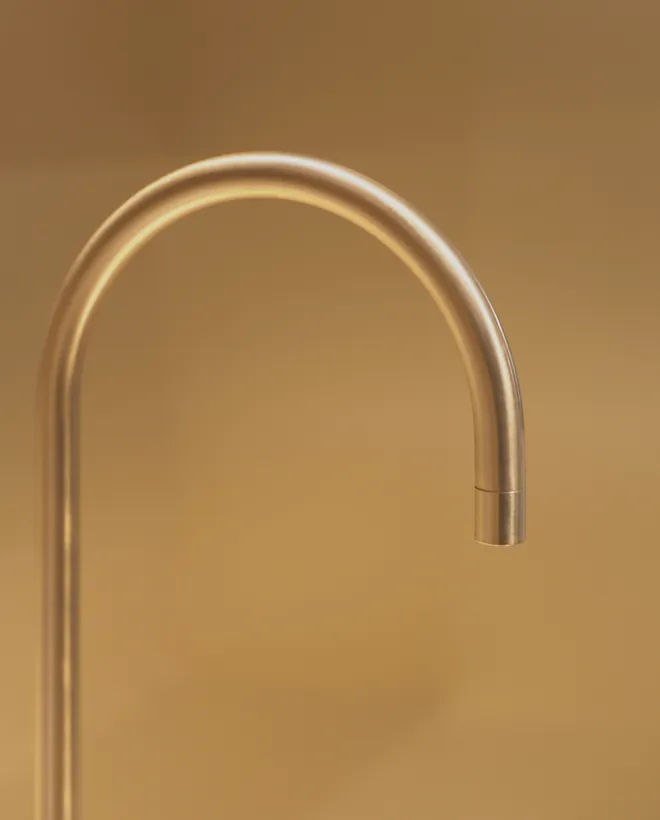 A brushed brass gooseneck mixer