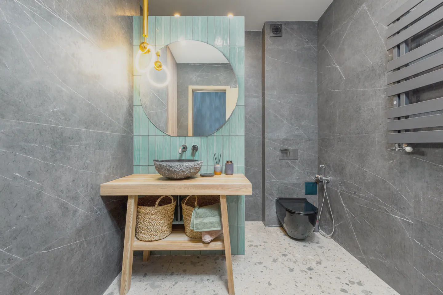 The stone basin, oak stand and wall mixer