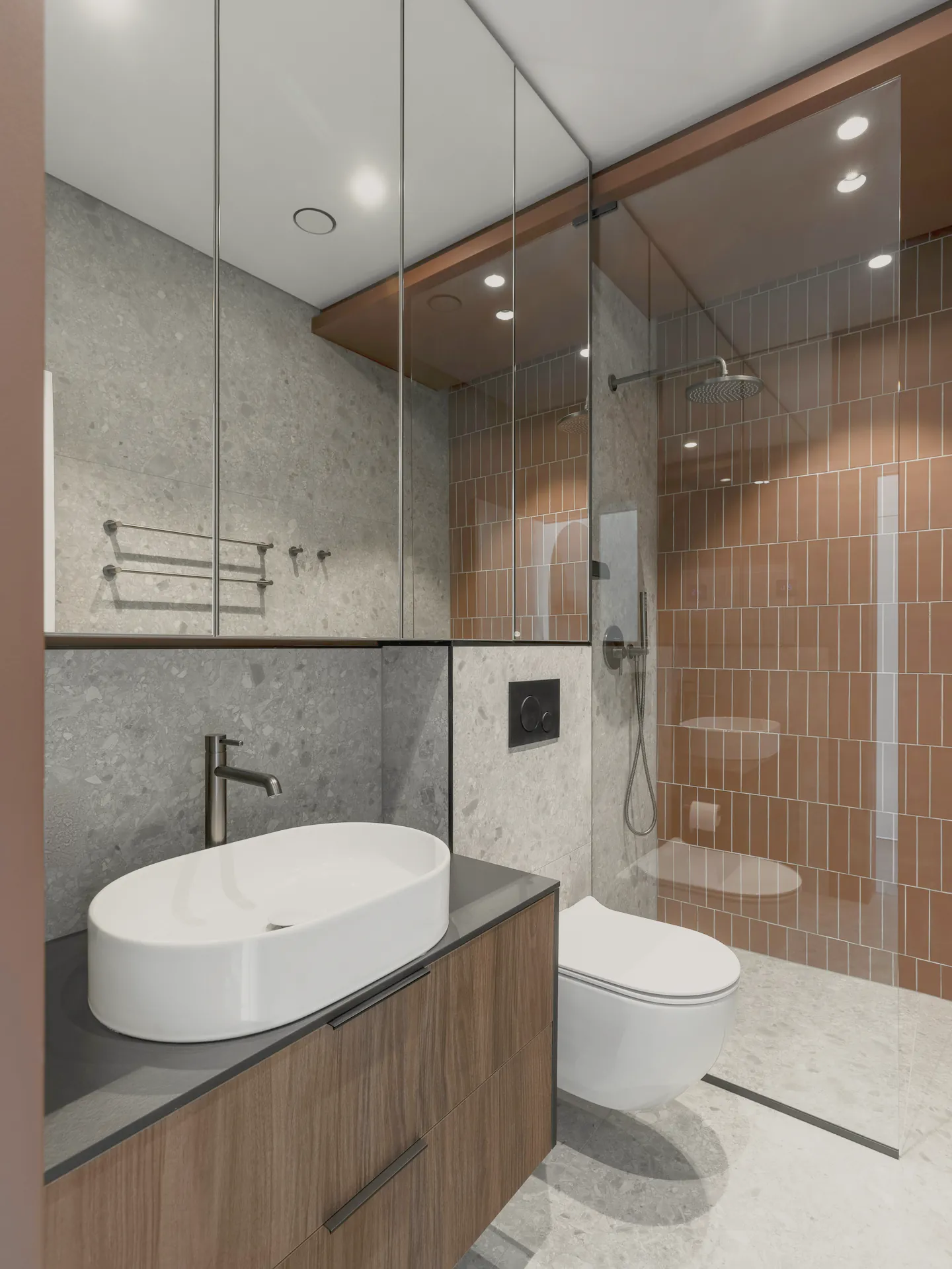 A bathroom with a basin, pan and shower